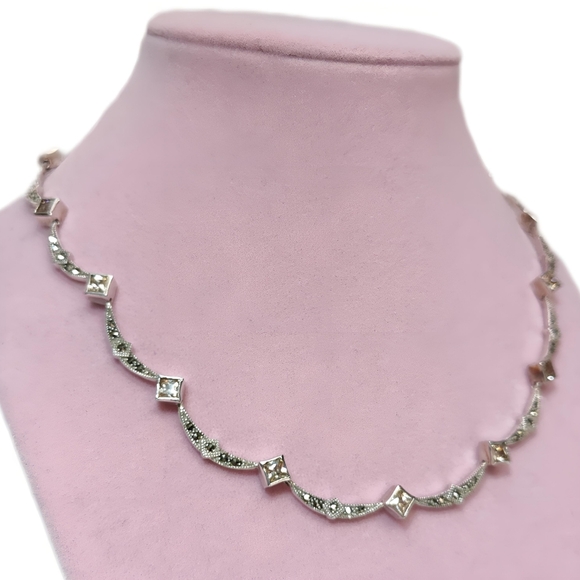 Vintage Marsala Sterling Silver Bib Necklace with Marcasite and CZ's 16 inch - Picture 3 of 13